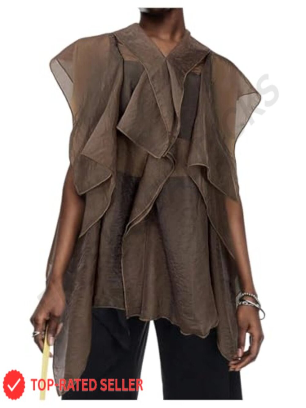Women's Sheer Chiffon Blouse Asymmetrical Ruffle Flowy Cap Sleeve Top